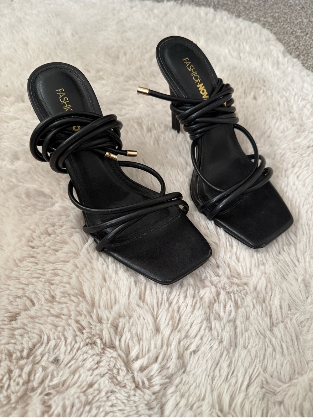 Fashion Nova Black Strappy Square-Toe Block Heel Sandals